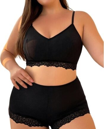 Women Plus Size Contrast Lace Sexy Lingerie Set V Neck Wireless Bra and High Waist Panty 2 Piece Set