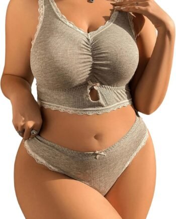 Women Plus Size Bow Lace Bralette Lingerie Set bra and panty sets