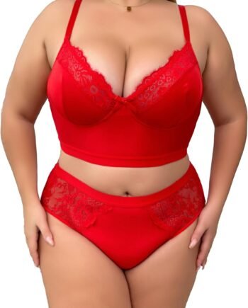 Women Plus Size 2 Piece Lingerie Set Floral Sexy Mesh Sheer V Neck 3/4 Cup Lace Outfits See Through Panty Bra