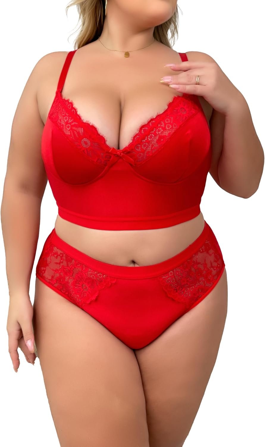 Women Plus Size 2 Piece Lingerie Set Floral Sexy Mesh Sheer V Neck 3/4 Cup Lace Outfits See Through Panty Bra