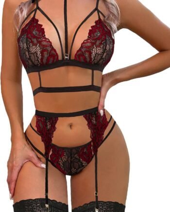 Women's lace bodysuit set with detachable choker and underwired bra/panty