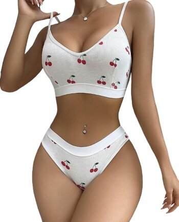 Women 2 Piece Ribbed Bra and Panty Sets Wireless Bralettes Thong Underwear