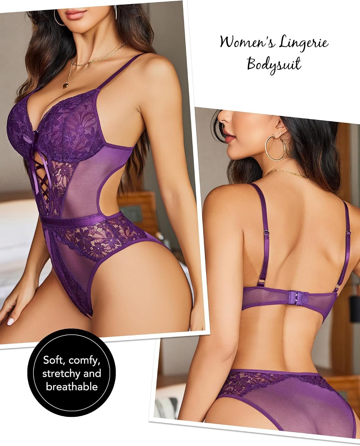 Women's sexy lace bodysuit with mesh V-neck design
