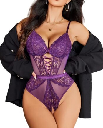 Women's sexy lace bodysuit with mesh V-neck design